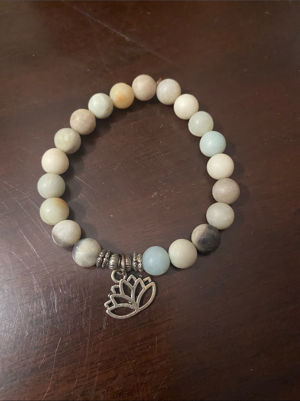 Lotus Charm Amazonite Beaded Stretch Bracelet - Neutral Blue Tones